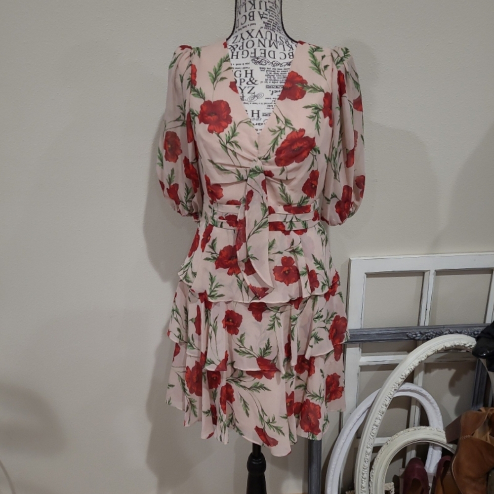 Floral Pink DressNWT Aqua Women SZ 2 Tiered Sheer Mini Party Dress Pink Red flir